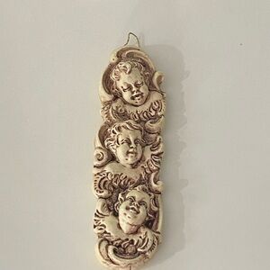 Vintage Hand Carved Wax Relief Art Plaque Hanging Ornament Germany Three Cherubs
